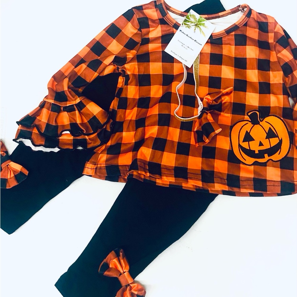 Girls Boutique Halloween Pumpkin Plaid Holiday  Set - Orange & Black